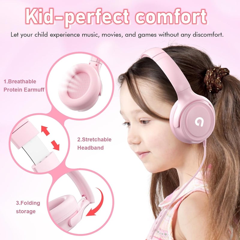 ADOOPE Kids Headphones with Cord-3.5mm Jack 85/94dB Safe Volume Control Built-in Microphone On-Ear Headphones for Kids/Teens/Girls/School/Travel/3.5mm Devices(Pink) - Image 3